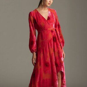 New Anthropologie Hutch Long-Sleeve V-Neck Wrap Midi Dress Velvet Pink Red